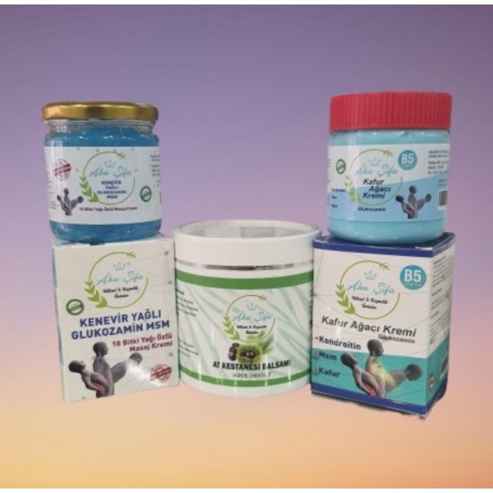 ABUŞİFA BİTKİSEL KAFUR KREMİ 200 ML & KENEVİR YAĞLI 18 BİTKİ KREM 200ML & AT KESTANESİ BALSAM 500 ML